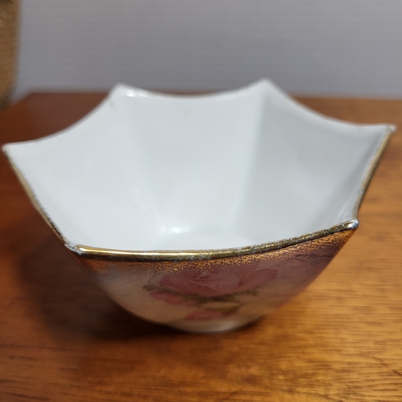 Vintage Silesia Porcelain Umbrella Edge Trinket Dish Bowl with Pink Roses Gilt - Picture 11 of 15
